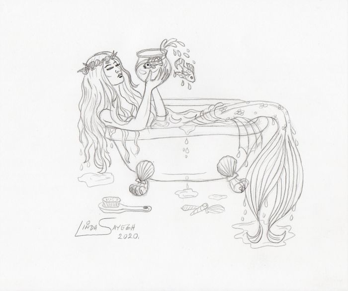 Mermaid bathing with her fishy friends. by Linda Sayegh